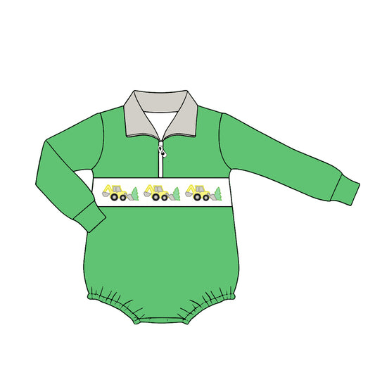 Preorder (moq 5)Baby Boys Green Long Sleeve Excavators Zip Rompers