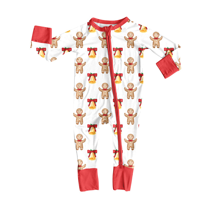 Preorder(moq 5)Baby Infant Boys Gingerbread Bells Zipper Footie Rompers