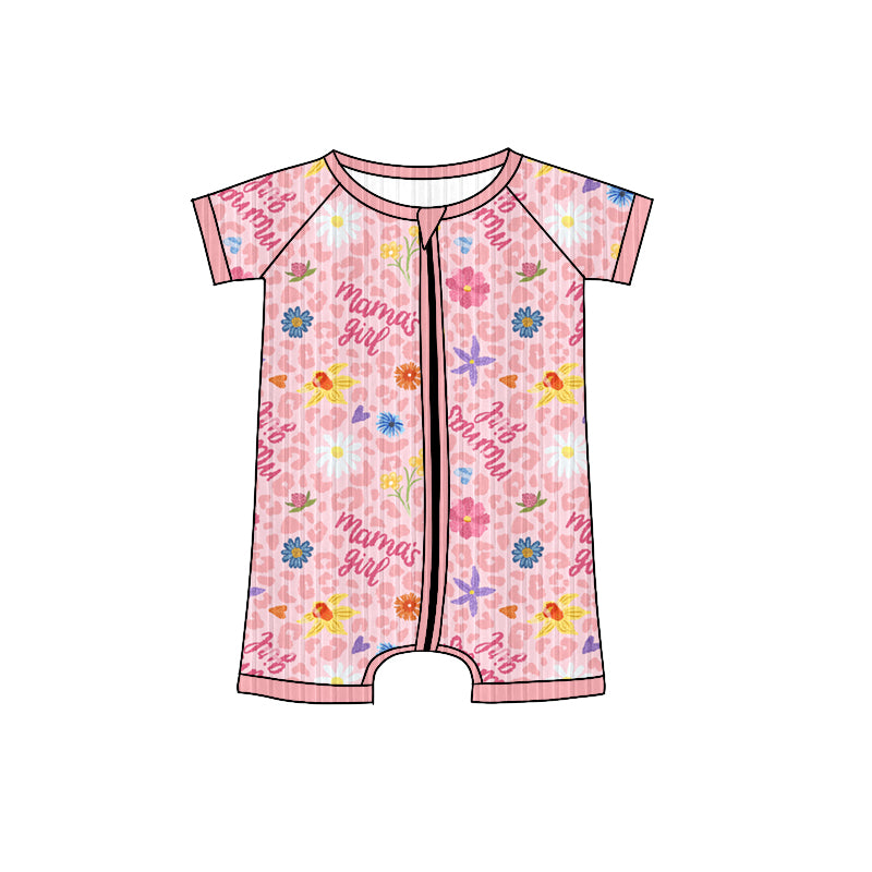 Preorder (moq 5)Baby Girls Long Sleeves Pink Short Sleeves Mama's Girls Flowers Zipper Romper