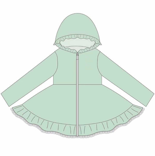 Preorder (moq 5)Baby Girls Green Long Sleeve Zipper Ruffle Hoodie Knee Length Dresses