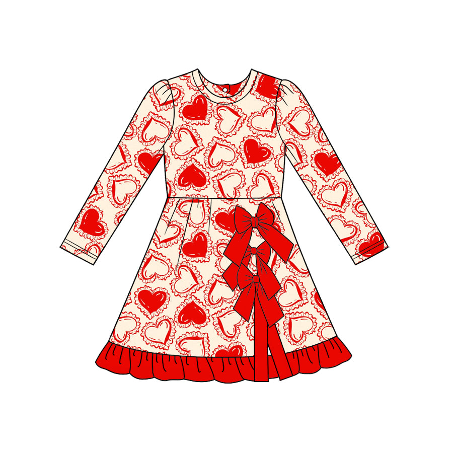 Preorder (moq 5) Baby Girl Red Lace Heart Print Long Sleeve Bow Back Ruffle Hem Dress