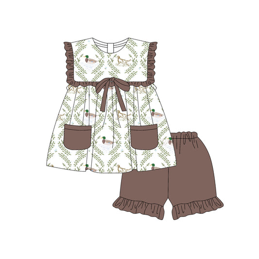 Preorder (moq 5)Baby Girls Dark Brown Sleeveless Ducks Dogs Pockets Tunic Ruffle Shorts Set