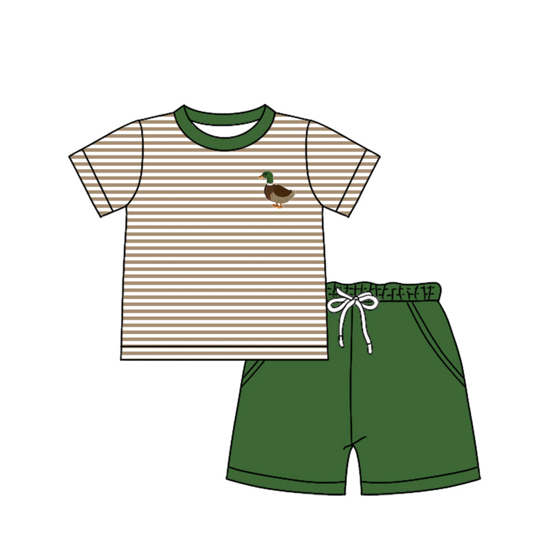 Preorder (moq 5)Baby Boys Short Sleeves Khaki Stripe Duck Top Pockets Green Short Set