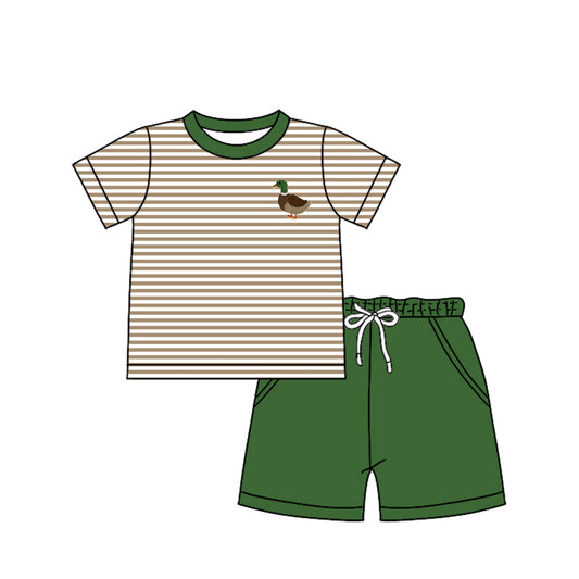 Preorder (moq 5)Baby Boys Short Sleeves Khaki Stripe Duck Top Pockets Green Short Set