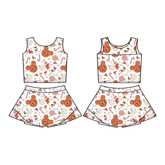 Preorder (moq 5)Baby Girls Sleeveless Candy Cane Mouse Cookie Vest Top Skorts Set