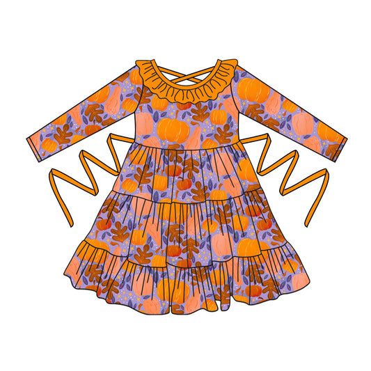 Preorder moq 5 Baby Girls Orange Long Sleeves Leaves Pumpkins With Belt Ruffle Knee Length Dresses