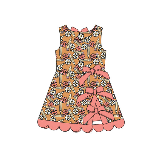 Preorder moq 5 Baby Girls Flower Pencils Shorts Scallop Back to School Knee Length Dresses