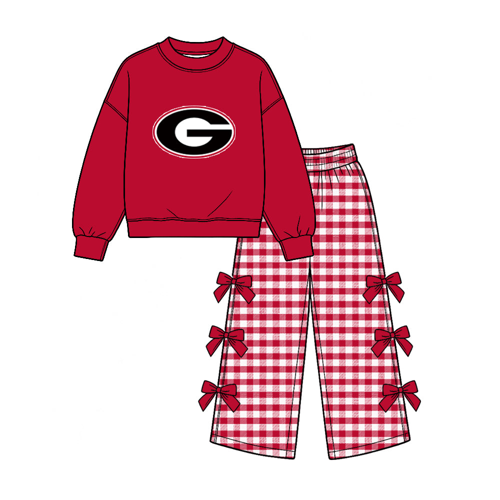 Preorder (moq 5) Baby Girl Clothes Georgia Bulldogs G Logo Graphic Long Sleeve Top Gingham Bow Wide Leg Pant Outfit Set