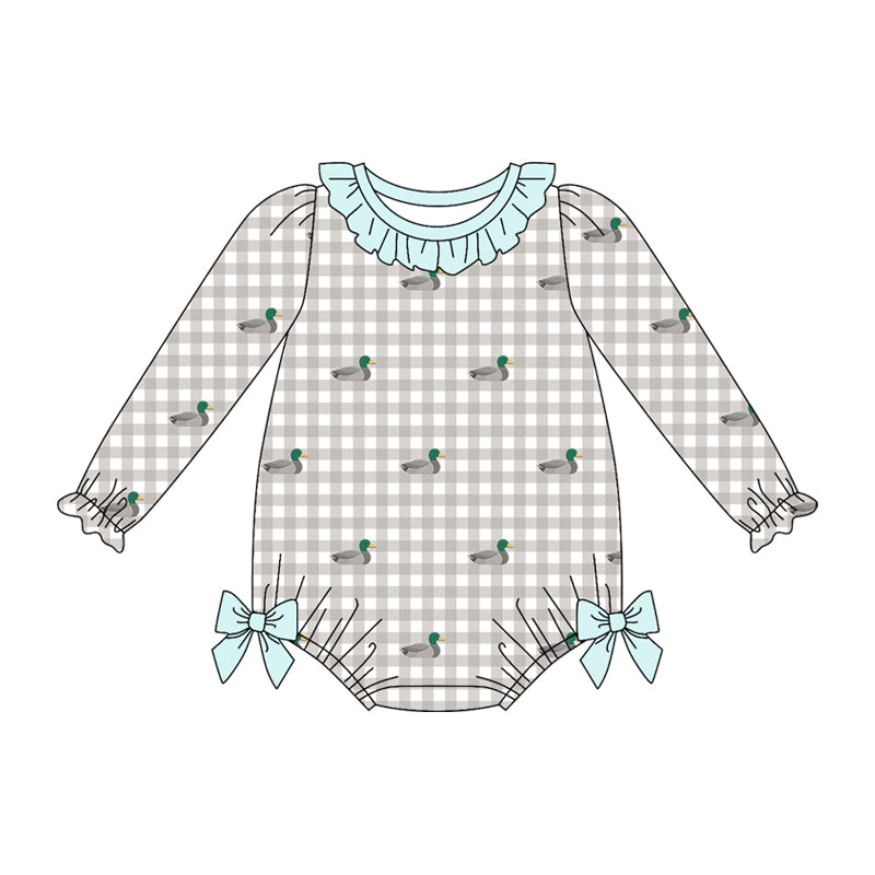 Preorder (moq 5)Baby Girls Long Sleeve Ducks Hunting Checked Ruffle Rompers