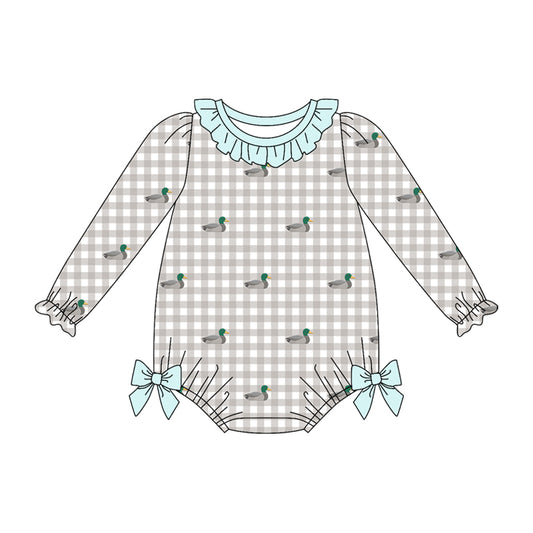 Preorder (moq 5)Baby Girls Long Sleeve Ducks Hunting Checked Ruffle Rompers