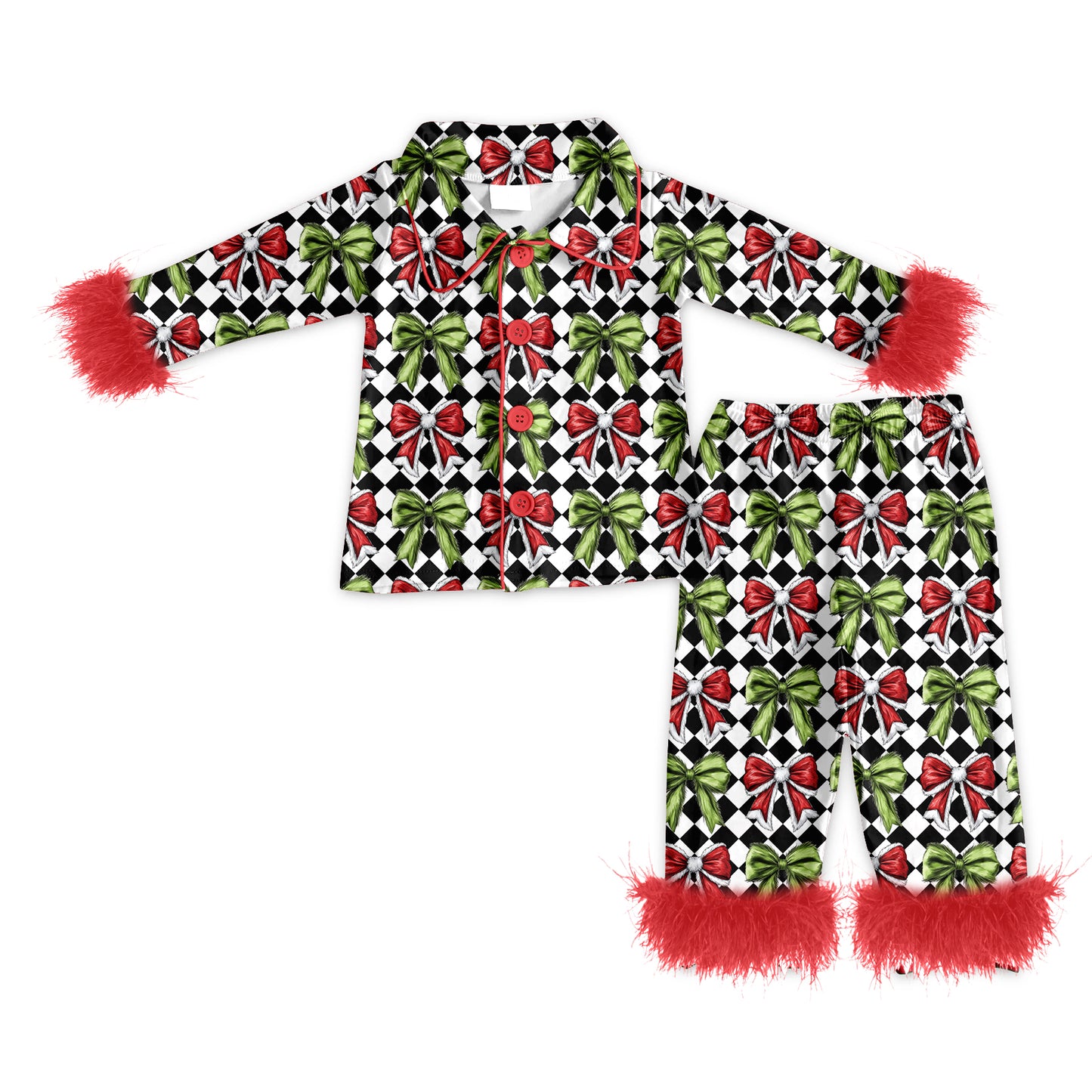 Preorder(moq 5) Baby Girls Fur Long Sleeves Green Red Bows Plaid Button Top Pants Set