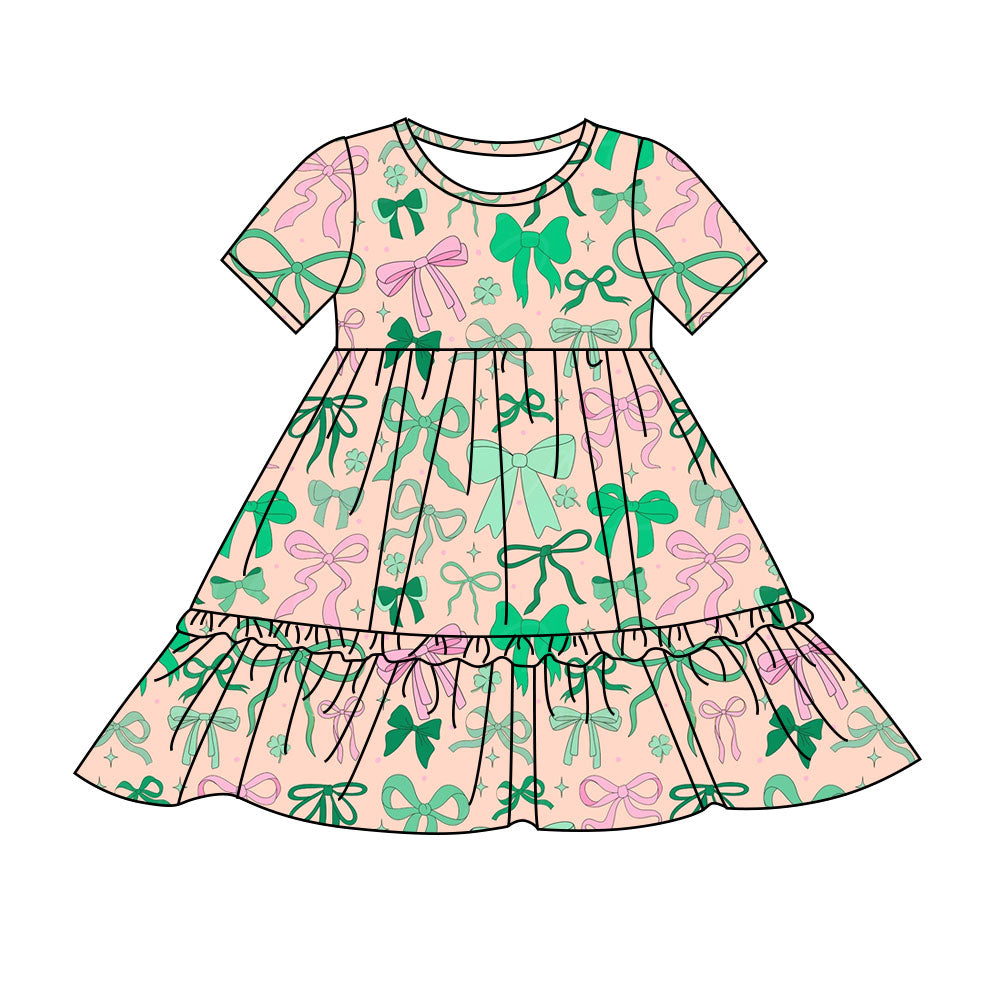 Preorder(moq 8)Baby Girls Green Pink Bows Clovers St Patrick Ruffle Knee Length Dresses