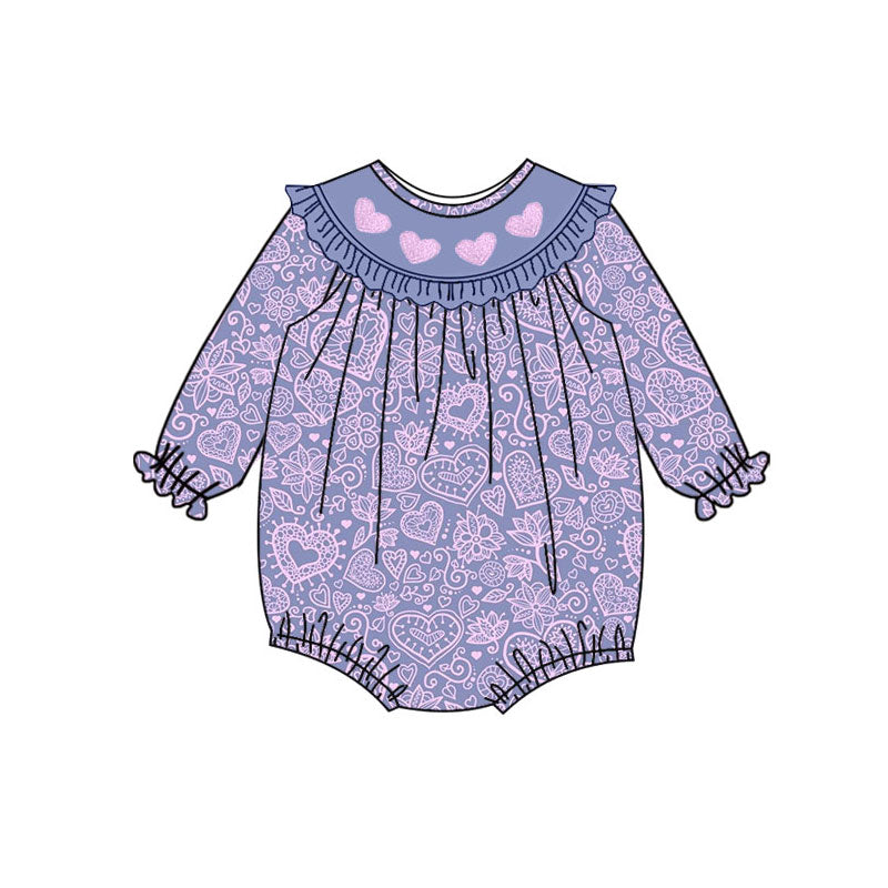 Preorder (moq 5)Baby Girls Lavender Hearts Flowers Valentine Ruffle Collar Rompers