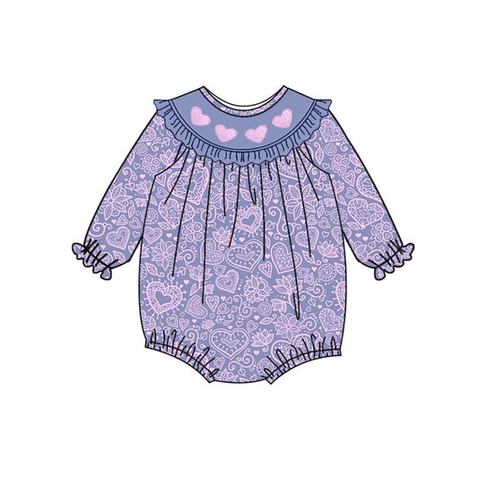 Preorder (moq 5)Baby Girls Lavender Hearts Flowers Valentine Ruffle Collar Rompers