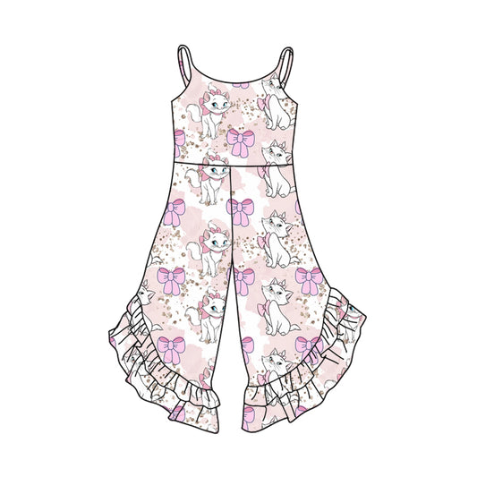 Preorder (moq 5)Baby Girls Pink Strap Cartoon Cats Bows Bell Bottom Jumpsuits