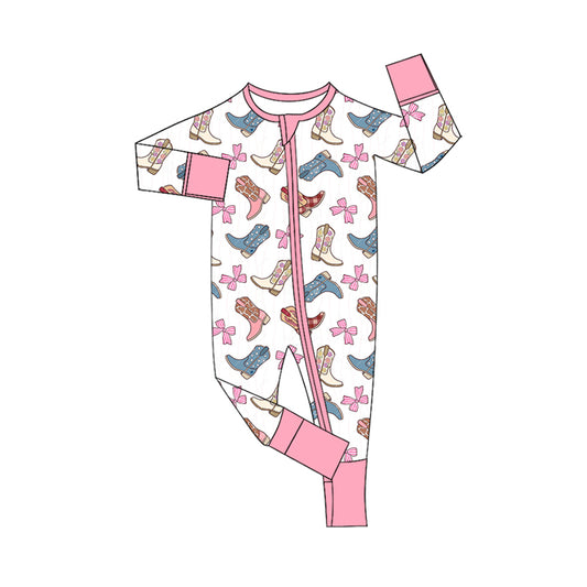 Preorder (moq 5)Baby Girls Flower Boots Bows Western Two Way Zip Convertible Rompers