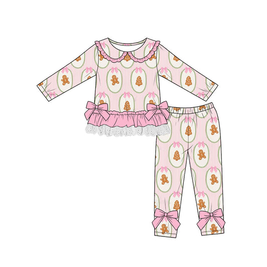 Preorder (moq 5)Baby Girls Gingerbread Bows Stripe Lace Ruffle Top Leggings Christmas Sets