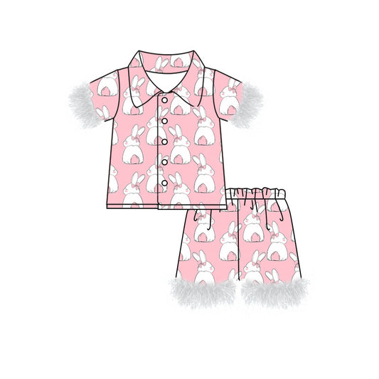 Preorder (moq 5)Baby Girls Pink Rabbits Button Top Shorts Easter Fur Pajamas Sets