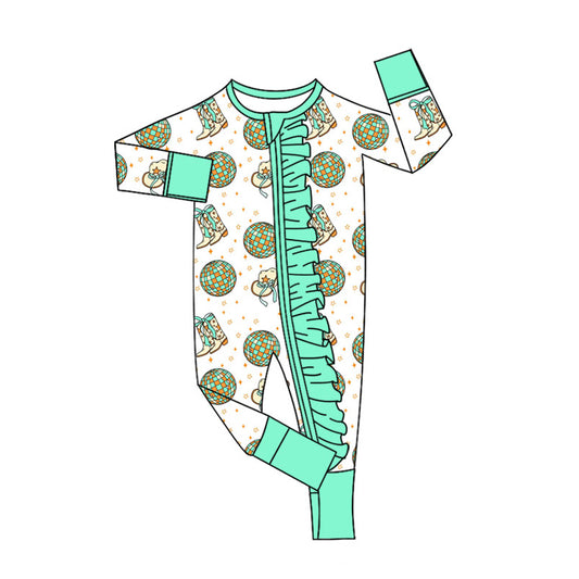 Preorder (moq 20)Baby Girls Bamboo Green Boots Balls Western Ruffle Zippy Footie Rompers