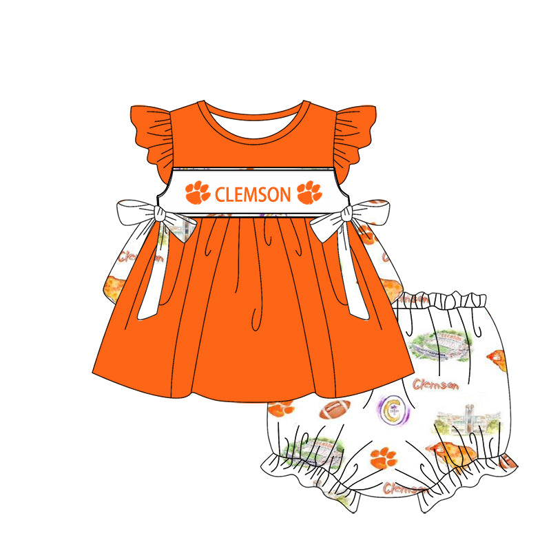 Preorder(moq 5) Baby Girls Clemson Team Bows Tunic Top Bummie Sets