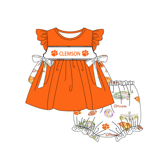 Preorder(moq 5) Baby Girls Clemson Team Bows Tunic Top Bummie Sets