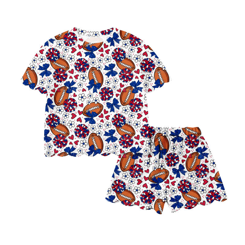 Preorder (moq 5)Baby Girls Hot Blue Bows Footballs Top Scallop Shorts Team Cheer Clothes Sets