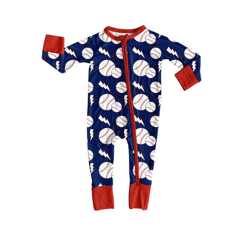 Preorder (moq 5)Baby Boys Baseballs Lights Team Zipper Footie Rompers