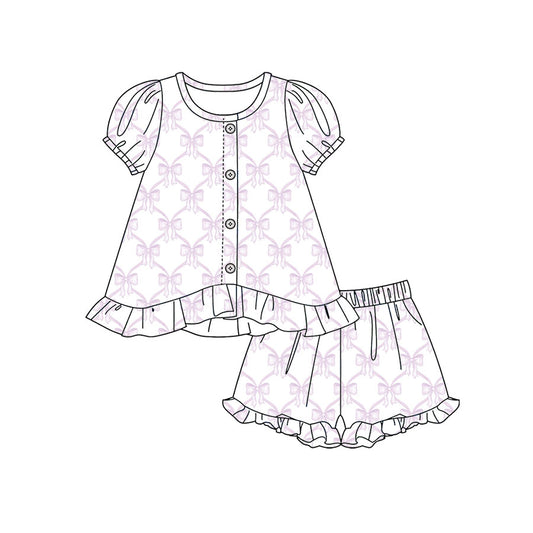 Preorder moq 5 Baby Girls Lavender Bows Checked Button Tunic Ruffle Shorts Clothes Set
