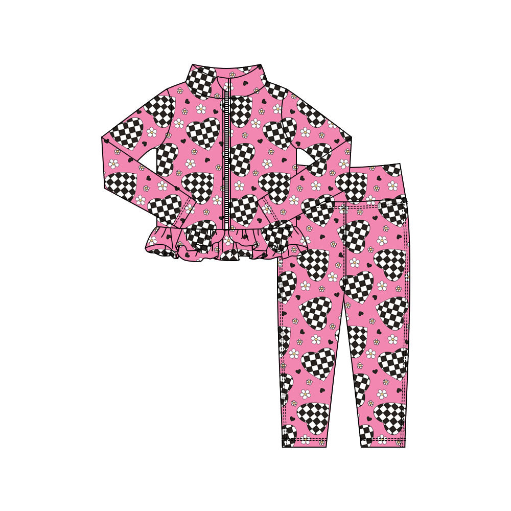 Preorder(moq 5) Baby Girls Flowers Hearts Zipper Jacket Leggings Valentine Clothes Sets
