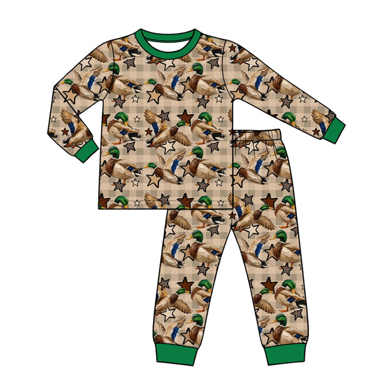 Preorder (moq 5) Baby Boy Clothes Mallard Duck Star Buffalo Plaid Print Long Sleeve Kids Pajama Set