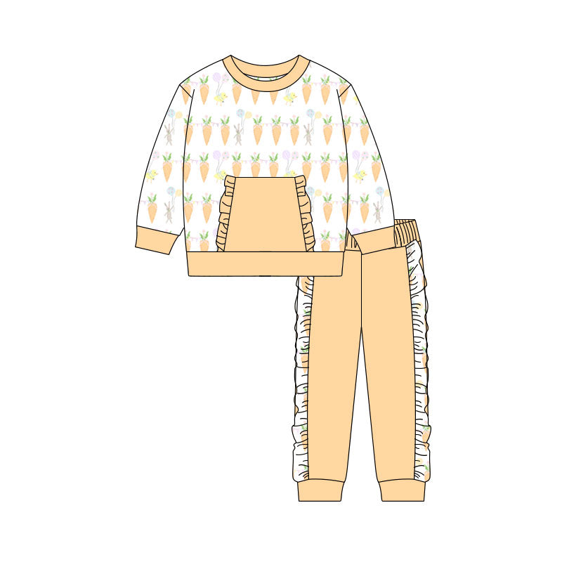 Preorder(moq 5) Baby Girls Carrots Rabbits Pocket Top Ruffle Pants Easter Clothes Sets