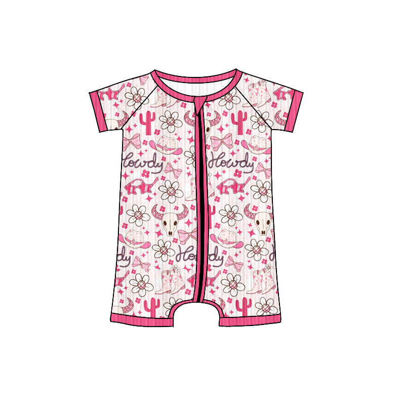Preorder (moq 5)Baby Girls Short Sleeves Pink Cactus Hats Flowers Zipper Shorts Rompers