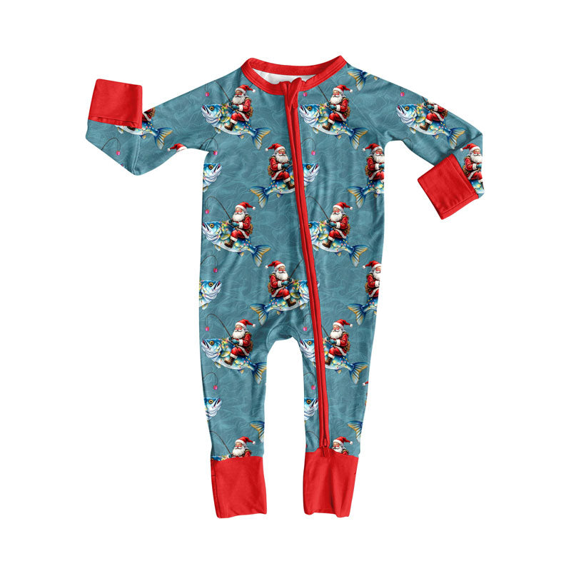 Preorder (moq 8)Baby Boys Santa Fishing Christmas Zipper Footie Rompers