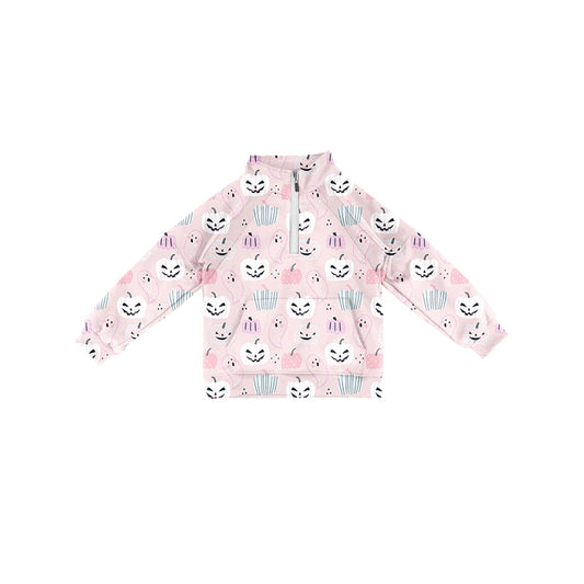 Preorder (moq 5)Baby Girls Long Sleeves Pink Ghost Pumpkins Pocket Zipper Pullovers Top