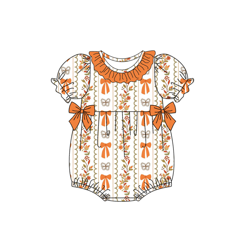 Preorder (moq 5)Baby Girls Orange Short Sleeves Butterfly Bows Floral Ruffle Rompers