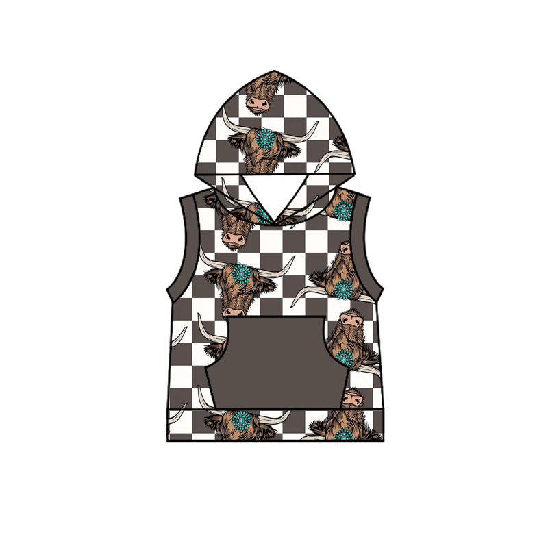 Preorder (moq 5)Baby Boys Western Black Checkered Highland Cow Hooded Pocket Tops