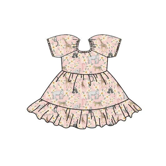 Preorder (moq 5)Baby Girls Zoo Animals Flowers Ruffle Knee Length Dresses