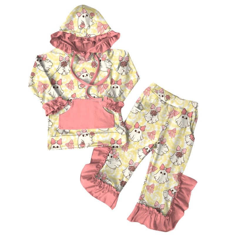 Preorder (moq 5)Baby Girls Yellow Long Ruffle Sleeves Bows Ghosts Pocket Hoodies Pant Set