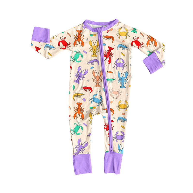 Preorder (moq 8)Baby Girls Mardigras Crayfishes Crabs Zipper Footie Rompers