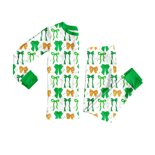 Preorder (moq 5)Baby Girls Green Orange Bows Hearts Top Pants St Patrick Pajamas Sets