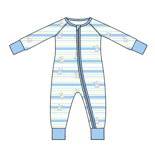 Preorder (moq 5) Baby Boy Clothes Easter Blue Stripe Bunny Print Long Sleeve Zipper Romper