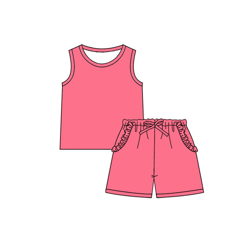 Preorder (moq 5)Baby Girls Hot Pink Sleeveless Shirt Ruffle Pockets Shorts Clothes Sets