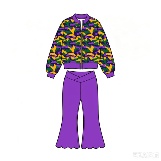 Pre-order(moq5)  Girls’ Fall Purple Camouflage Long-Sleeve Round-Neck Zip-Up Top & Flare Pants Set