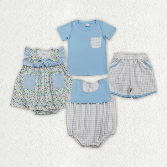 Sibling Baby Boys Light Blue Shirt Top Checked Pockets Short Clothes Set Rompers