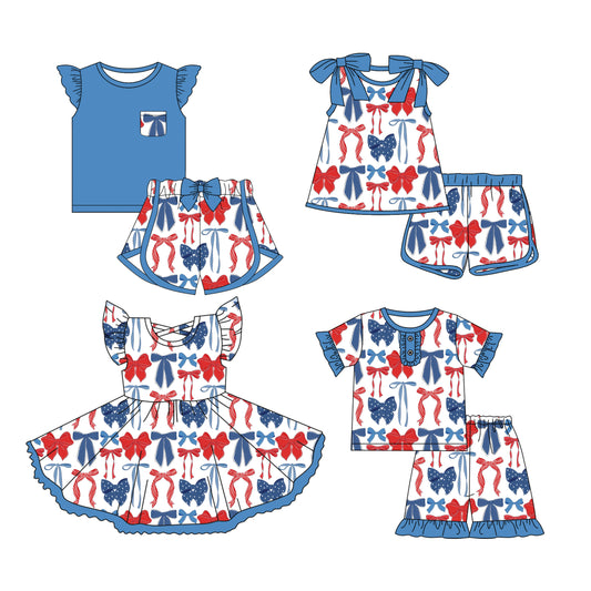 Preorder moq 5 Custom Baby Girls Blue Red Bows Top Short 4th Of July Sets Knee Length Dresses