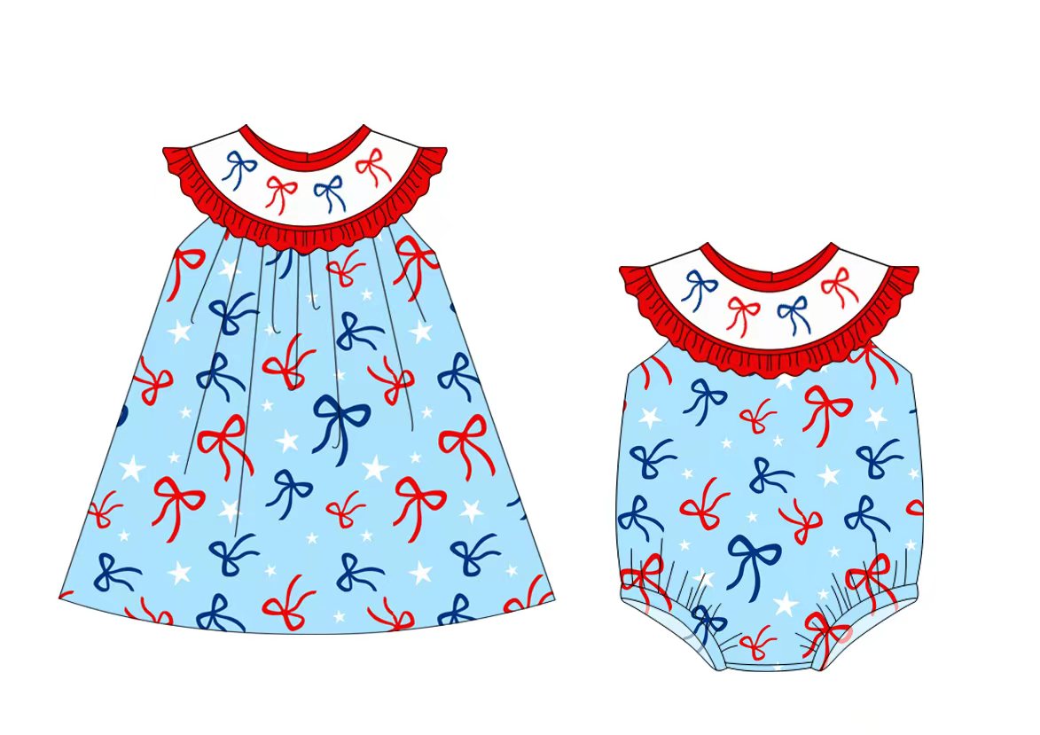 Preorder moq 5 (each item)Baby Girls Blue Red Bows Stars 4th of July Knee Length Dress Ruffle Rompers