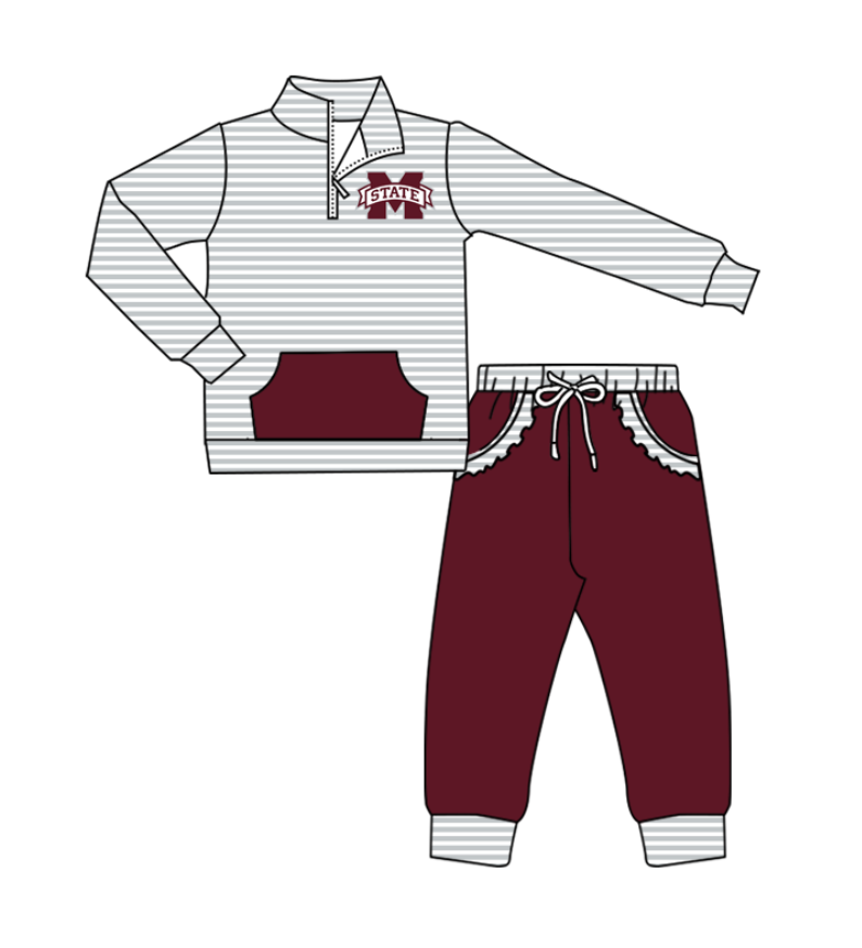 Preorder (moq 5)Baby Girls Grey Stripe M State Zip Pullover Pockets Jogger Team Clothes Sets