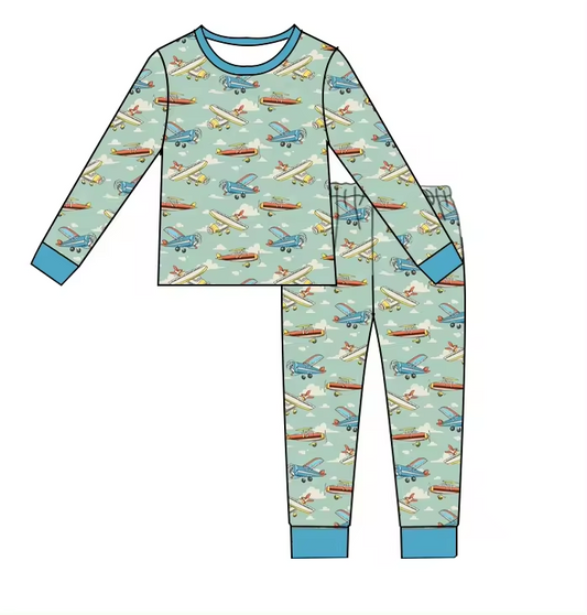 Baby Boys Green Plane Long Sleeve Shirt Pants Pajamas Clothes Sets Preorder(moq 5)