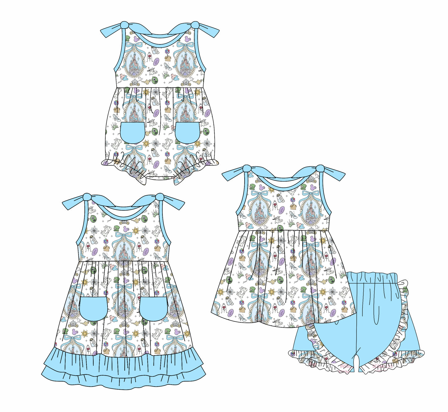 Preorder moq 5 Custom Baby Girls Blue Strap Cartoon Castle Pockets Tunic Ruffle Short Set Dress And Rompers