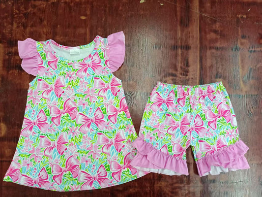 Preorder moq 5 Baby Girls Pink Flutter Sleeves Bows Floral Tunic Ruffle Short Set